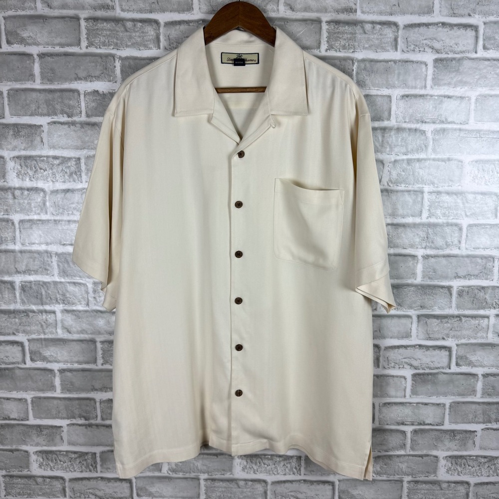 Tommy Bahama Mens Large Cream 100% Silk Herringbone Short Sleeve Camp Shirt